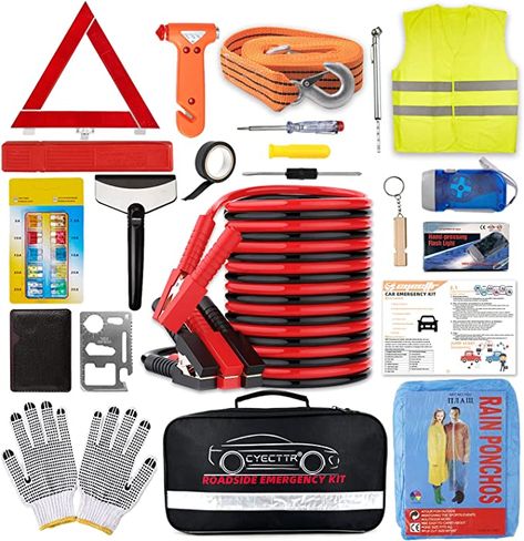 CYECTTR Car Roadside Emergency Kit,Auto Vehicle Truck Safety Emergency Road Side Assistance Kits with Jumper Cables,Safety Hammer,Reflective Warning Triangle,Tire Pressure Gauge,Tow Rope,etc I may recieve payments for the sale of this product as an Amazon Affiliate Roadside Emergency Kit, Gifts For New Drivers, Emergency Blanket, Car Emergency Kit, Safety Kit, Emergency Survival Kit, Winter Survival, Tire Pressure Gauge, Safety Vest