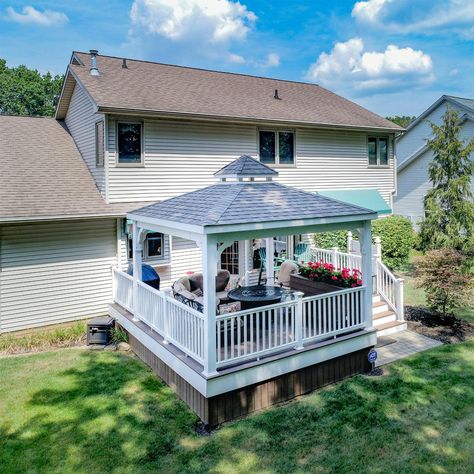 Gazebo Ideas | Woodland Deck Company - Ohio Built In Gazebo On Deck, Gazebo On Deck Ideas Backyard, Gazaboo Ideas, Decks With Gazebo Ideas, Square Gazebo Ideas Backyard, White Gazebo Ideas Backyard, Screen Gazebo Ideas Backyard, Gazebo On Deck Ideas, Deck With Gazebo Ideas