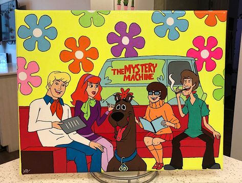 scooby doo painting with acrylic on 14”x18” canvas by lauren beauvais. instagram: laurenbeauvais.art #tiktok #art #painting #acrylicpainting #trippyart #trippy #scoobydoo #colorfulart #cartoon #drugs #psychadelicart Scooby Doo Painting, Trippy Cartoon, Tiktok Art, Psychadelic Art, Acrylic Painting Flowers, Cartoon Painting, Small Canvas Art, Acrylic Artwork, Small Canvas