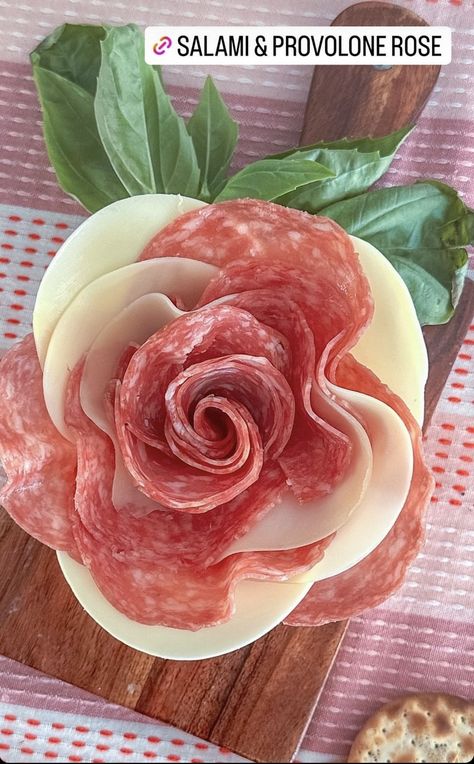 Ring Shaped Food, Provolone Rose, Cheese Flowers Charcuterie, Under The Sea Charcuterie Board, Charcuterie Board Flowers, Tea Party Charcuterie, Charcuterie Board With Flowers, Rose Charcuterie Board, Charcuterie Rose