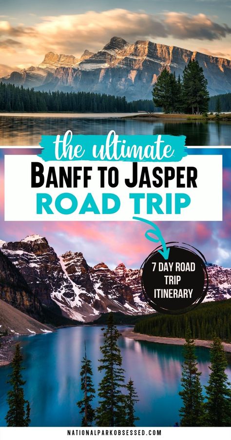 This Banff to Jasper Road Trip Itinerary takes you to all the best spots in these epic Canadian National Parks. Here is the best Canadian Rockies road trip. jasper banff highway / one week itinerary in canadian rockies / canadian rockies road trip itinerary / banff and jasper road trip / banff national park to jasper national park / drive from banff to jasper / road trip banff to jasper / from banff to jasper / banff to jasper scenic drive Glacier Banff Jasper Itinerary, Banff To Jasper Road Trip, Banff Jasper Itinerary, Canadian National Parks, Banff Itinerary, Jasper National Park Canada, Jasper Canada, 7 Day Itinerary, Canadian Road Trip