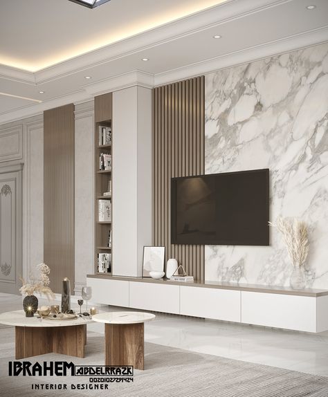 Tv Zone Interior Design, Marble Tv Wall, Centro Tv, Fancy Living Rooms, Modern White Living Room, Modern Tv Unit Designs, Tv Unit Furniture Design, Office Interior Design Modern, Modern Tv Wall