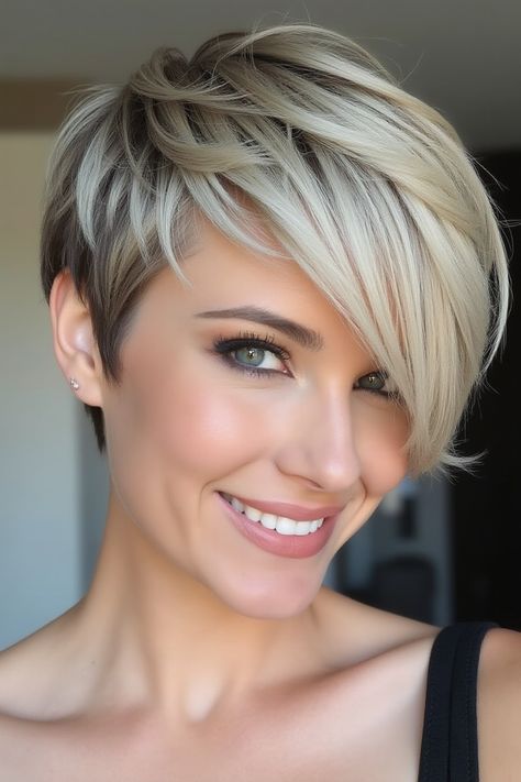 Long pixie haircuts blend short style with added versatility. Explore asymmetrical pixie-bobs, layered longer pixies, and textured crop designs. Discover side-swept long pixies, shaggy short cuts, and edgy longer crown styles. Find inspiration for pixie cuts with long bangs, tapered necklines, and versatile short-to-medium looks to create modern, low-maintenance hairstyles with extra styling options and feminine flair. Layered Pixie Cut With Bangs, Cropped Pixie Haircut, Pixie Cuts With Long Bangs, Ladies Short Haircuts, Short Inverted Bob Haircuts, Short Asymmetrical Hairstyles, Crown Styles, Pixie Cut With Long Bangs, Edgy Pixie Hairstyles