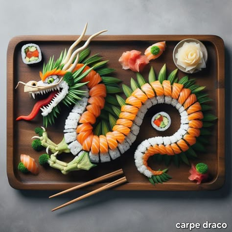 Animal Themed Food, Sushi Dragon, Amazing Food Platters, Fruit Platter Designs, Food Sculpture, Amazing Food Decoration, Fruit And Vegetable Carving, Sushi Art, Amazing Food Art