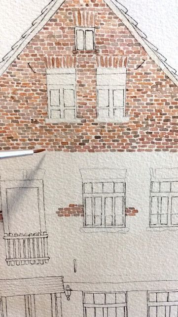 Brick House Watercolor Painting, Brick Wall Watercolor, Brick House Illustration, Watercolor Brick House, Watercolor And Pen Art Illustrations, Bricks Watercolor, Brick House Drawing, Brick House Painting, Brick Watercolor