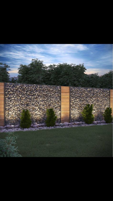 Stone Fence Ideas, Gabion Wall Design, Rock Fence, Stone Walls Garden, Deck Railing Ideas, Gabion Fence, Compound Wall Design, Modern Fence Design, Wall Fence