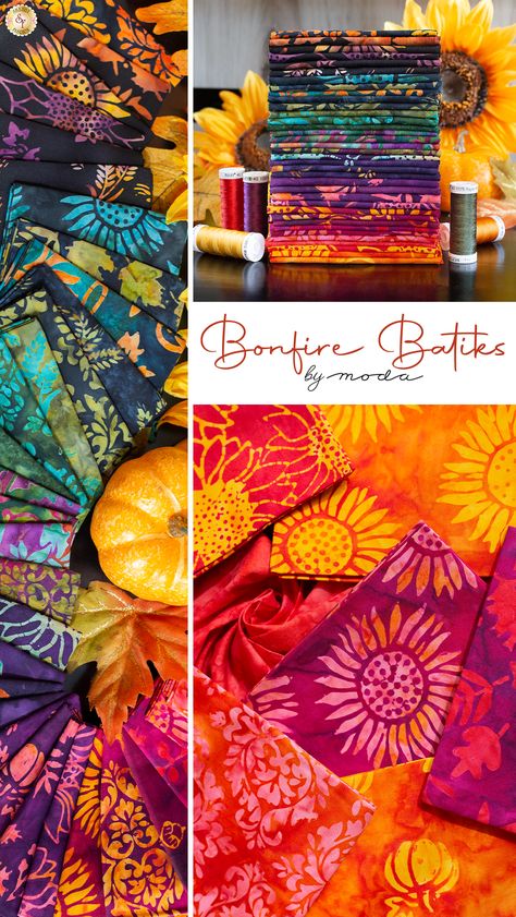 Coming Soon in July 2023! Welcome to Shabby Fabrics, your destination for the vibrant and festive Bonfire Batiks fabric collection from Moda Fabrics. Immerse yourself in the warmth and beauty of autumn with this captivating collection of hand-dyed batik fabrics. Bonfire Batiks is a celebration of the season, featuring jewel tones and mottled orange hues that perfectly capture the essence of fall. The collection showcases a variety of fall motifs, including leaves, pumpkins, and sunflowers! Batik Aesthetic, Batic Fabric, Fall Motifs, Batiks Fabric, Fall Sewing Projects, Fabric Outlet, Sew Projects, Fall Sewing, Quilting Room