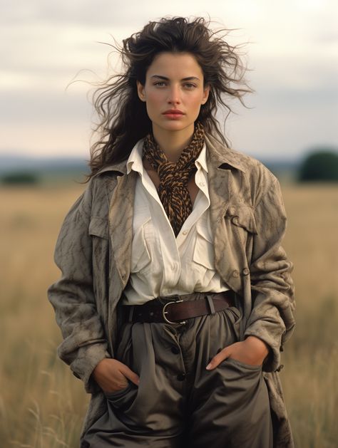 a woman in a jacket and jeans poses in a field, in the style of jean giraud, gray and brown, animalier, movie still, 1990s, stylish costume design, charles philipon --ar 3:4 Jungle Outfit Costumes, Safari Style Fashion, Poses In A Field, Jeans Poses, Jungle Outfit, Safari Outfits, Jean Giraud, Gray And Brown, Vintage Photoshoot