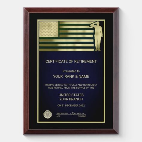 Veteran Retirement Award Plaque - tap/click to personalize and buy  #veteran, #appreciation, #retirement, #certificate, #academic, Retirement Certificate, Retirement Presents, Award Plaque, Usa Patriotic, Tap, Created By, Stars