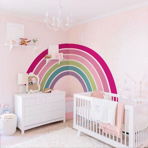 Rainbow Walls Girls Room, Pink Rainbow Room, Rainbow Wall Decals For Girls Room, Girls Room Rainbow Wall, Rainbow Themed Bedroom, Nursery Corner, Bedroom Pastel, Pink Girl Room Decor, Rainbow Girls Room