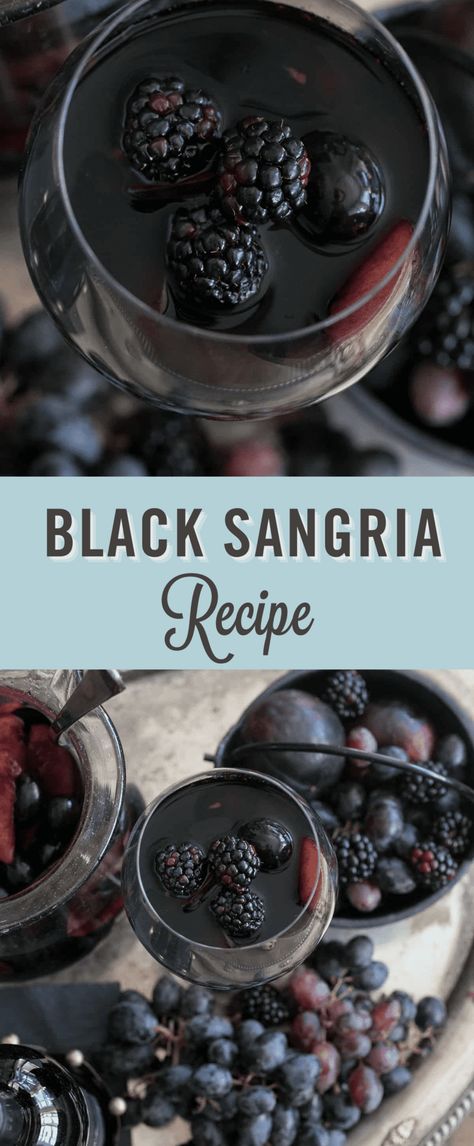 Halloween Wine Party Food, Black Sangria Recipe, 2023 Halloween Party, Black Magic Sangria, Red And Black 30th Birthday Party, Black Halloween Food Ideas, Easy Halloween Sangria, Coven Party Ideas, 40th Dinner Party Ideas