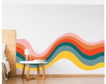 Wavy Retro Stipe Wall Decal Colorful Rainbow Wall Art Sticker Retro Rainbow Wall Decal Nursery Rainbow Wall Sticker - Etsy Lines Wall Paint, Fun Paint Designs For Walls, Boys Rainbow Bedroom, Retro Nursery Ideas, Rainbow Bedroom Ideas Kids, Stripes Wall Paint, Rainbow Kids Bedroom, Rainbow Stripe Wall, Playroom Remodel