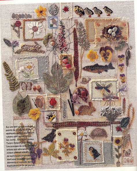 "A Country Feeling" ~ designed by Lesley Turpin Delport. Marie Claire idées Juin 1999 #textile #embroidery #fiber_art #myt Brazilian Embroidery, 자수 디자인, Needle Art, Art Textile, Embroidery Inspiration, Ribbon Embroidery, Embroidery And Stitching, Crazy Quilts, Beautiful Embroidery