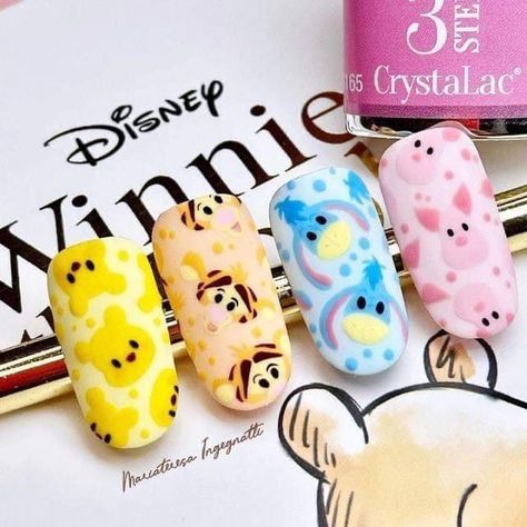 Piglet Nails Winnie The Pooh, Winnie The Pooh Gel Nails, Winnie Pooh Nails Art Designs, Up Disney Nails, Whinney Pooh Nails, Eeyore Nail Designs, Winnie The Pooh Nail Art Step By Step, Disney Nails Winnie The Pooh, Character Nail Art Disney