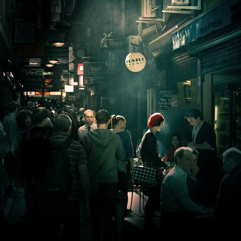 Centre Place or Degraves Street, Melbourne, Australia.  LOVING this photo. Perfect processing and tone and the tiny bit of red brings it all together. Street Foto, Urbex Photography, City Signs, Photography Concepts, Street Photography Tips, Street At Night, Saul Leiter, Scenery Photos, City People