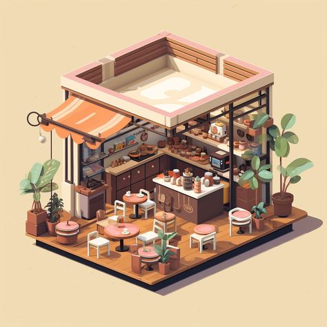 A cozy café scene in Togo, showcasing its coffee culture, local culinary delights, and the use of Bonjola eSIM for hassle-free connectivity while exploring. Isometric Cafe, Isometric Restaurant, 2d Cafe Japan, Isometric Cafe Illustration, Pizzeria New York, Low Poly Isometric Room, Anime Houses, Isometric Design, Isometric Art