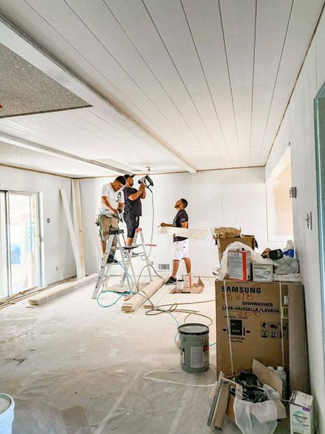 Ideas For Covering Popcorn Ceilings, Diy Cover Popcorn Ceiling, Kitchen Shiplap Ceiling, Hide Popcorn Ceiling Cheap, Plank Over Popcorn Ceiling, Covering Textured Ceilings, Kitchen With Shiplap Ceiling, Cover Textured Ceiling, Popcorn Ceiling Cover Up