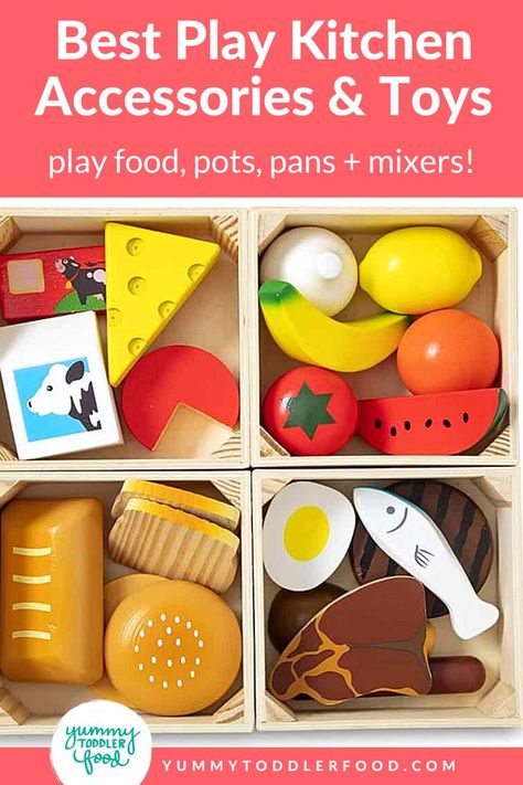 Wood Play Food, Toddler Tea Set, Best Play Kitchen, Toy Kitchen Food, Foods For Kids, Best Toddler Toys, Toddler Kitchen, Toy Tea Set, Play Kitchen Accessories