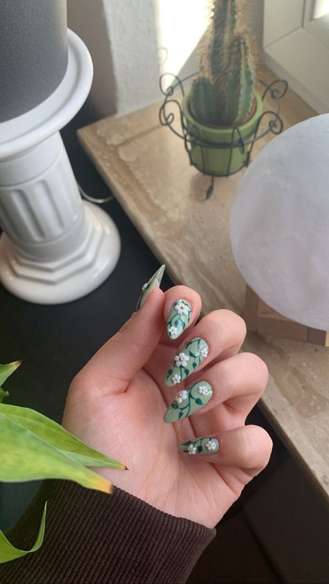 Sage Green Nails With Initial, Green Nails Flower Design, Green Leaves Nail Art, Flower And Vine Nails, Green Nails Pink Flowers, Green Nails With Vines, Green Floral Nail Designs, Sage Nails With Flowers, Green Flower Acrylic Nails