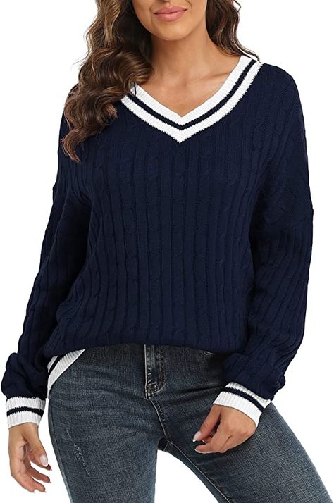 VIISHOW Women's Casual Winter V Neck Long Sleeve Cable Knitted Color Block Chunky Sweater Pullover Sweater at Amazon Women’s Clothing store Sweaters Outfit, Stylish Knitwear, Preppy Streetwear, Long Sweaters For Women, Fall Sweaters For Women, Streetwear Sweater, Women Chiffon Blouse, Womens Knit Sweater, Vintage Preppy