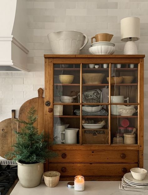 Rustic Kitchen Cabinet Styling - MY WEATHERED HOME Antique Piece In Kitchen, Antique Kitchen Counter Decor, Rustic Kitchen Furniture, Vintage Cabinet In Kitchen, Antique Furniture In Kitchen, Kitchen Counter Bookshelf, Kitchen Pottery Display, Antique Kitchen Shelves, Antique Cupboard In Kitchen