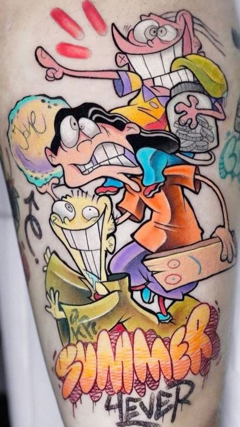 Cartoon Network Tattoo Ideas Sleeve, Nickolodian Characters Tattoos, Made In The 90s Tattoo, New School Cartoon Tattoo Design, Cartoon Leg Tattoos, 90s Tattoo Sleeve, 90s Cartoon Characters Tattoo, 90s Cartoon Tattoos Sleeve, New School Tattoo Cartoon