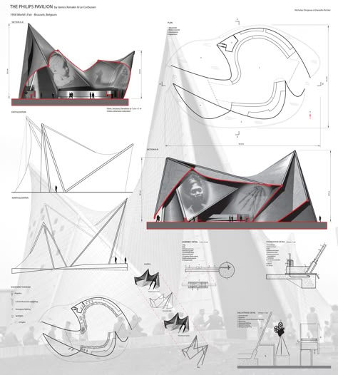 The Philips Pavilion by Iannis Xenakis and Le Corbusier Brussels Architecture Apps, Manhattan Architecture, Architecture Schools, 2018 Mustang, Germany Architecture, Folding Architecture, Conceptual Model Architecture, Concept Models Architecture, Modern Architecture Interior