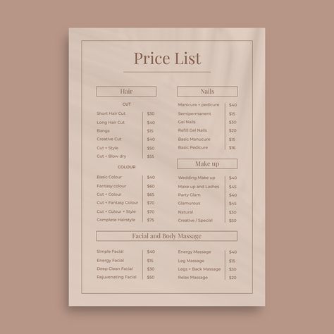 Aesthetic Price List, Price List Design Templates, Prices List, Skincare Studio, Price List Design, Salon Price List, Esthetician Marketing, Spa Prices, Beauty Salon Logo