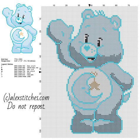 Original Care Bears, Bedtime Bear, Free Cross Stitch Pattern, Free Cross Stitch Patterns, Stitch Character, Cross Stitch For Kids, Plastic Canvas Patterns Free, Disney Cross Stitch, Stitch Cartoon