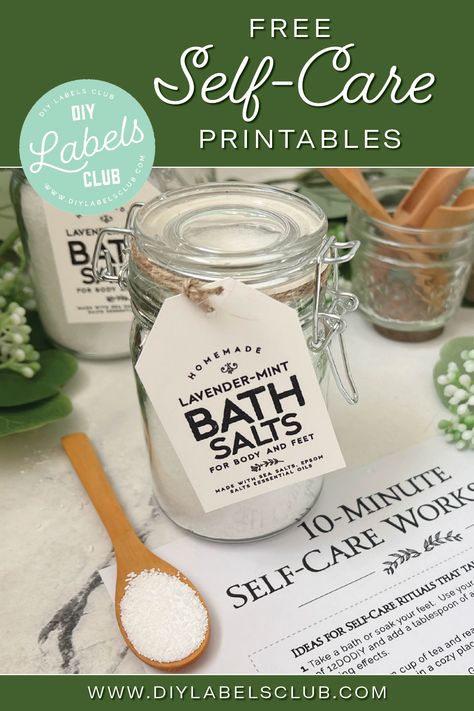 Free Self-Care Printables for your homemade bath salts that include labels and a self-care idea list for self care practices that take less than 10 minutes.  Lavender Mint Bath Salts recipes are also included. Bath Salts Labels, Diy Body Spray, Self Care Practices, Salt Scrub Recipe, Bath Balms, Printable Label Templates, Bath Salts Recipe, Bath Salts Diy, Essential Oils Business