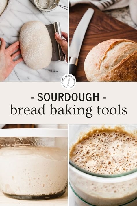 If you are new to the world of sourdough bread baking, you might be wondering what equipment and tools are needed to bake sourdough bread? The good news is that you don't need to spend a fortune on kitchen supplies in order to bake sourdough bread successfully. Here's a list of essential sourdough bread baking tools needed for best results! Sourdough Supplies, Little Spoon Farm, Bake Sourdough Bread, Sourdough Bagels, Making Sourdough Bread, Natural Yeast, Sourdough Bread Recipes, Sourdough Starter Recipes, Baked Breads