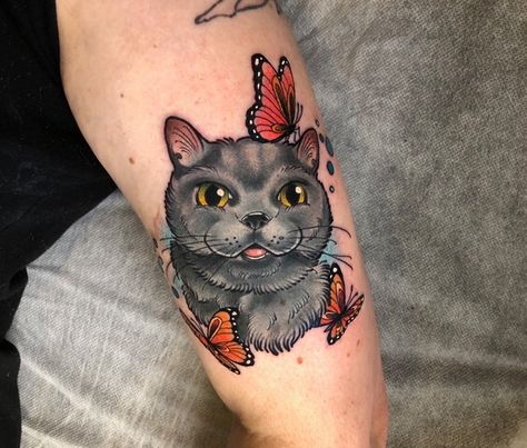 British blue shorthair tattoo of Jazmin by Kitty Dearest 💗 #cattattoo #tattoo #cattoo #veganink #britishshorthairtattoo #kittydearest British Shorthair, Cat Tattoo, Body Art, Kitty, Tattoos, Blue, Art