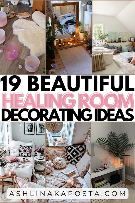 19 feminine & spiritual healing room decor ideas you will want to copy — ASHLINA KAPOSTA Meditation Living Room Ideas, Tiny Meditation Space, Chakra Bedroom Ideas, Boho Relaxation Room, Yoga Therapy Room, Green Zen Room, Meditating Room Ideas, Meditation Corner In Living Room, Yoga Space In Living Room