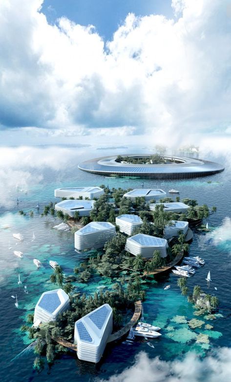 Architectural Render, Floating Architecture, 3d Architect, Futuristic Building, Future Buildings, Eco City, Sci Fi Environment, Floating City, Building Concept