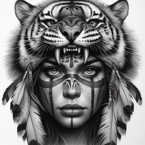 Headdress Tattoo, Arm Sleeve Tattoos For Women, Panther Tattoo, Tiger Tattoo Design, Men Tattoos Arm Sleeve, Female Faces, Wolf Tattoo Design, Aztec Art, Arm Sleeve Tattoos