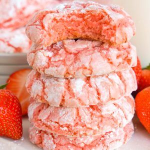 Strawberry Crinkle Cookies - Wishes and Dishes Strawberry Crinkle Cookies Recipe, Strawberry Crinkle Cookies, Strawberry Cookie Recipe, Wishes And Dishes, Crinkle Cookies Recipe, Strawberry Cake Mix, Strawberry Cookies, Cookie Dough Balls, Crinkle Cookies