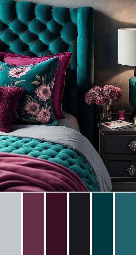 Teal And Magenta Bedroom, Purple And Teal Bedroom, Teal And Purple Bedroom, Teal Color Palette Bedroom, Magenta Bedrooms, Dark Teal Bedroom, Teal Bedroom Ideas, Beautiful Bed Designs, Purple Bedroom Decor