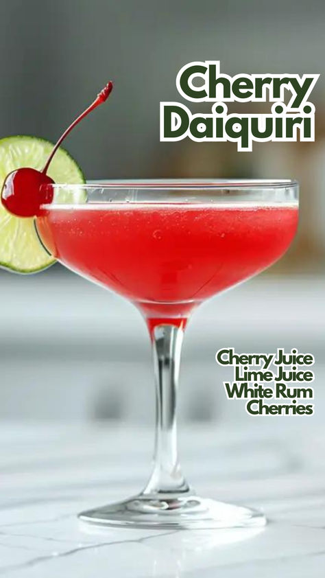 Cherry Daiquiri Cherry Mixed Drinks Alcohol, Cherry Vodka Drinks Cocktails, Cherry Limeade Recipe Alcohol Vodka, Cherry Liqueur Cocktails, Italian Cherry Whiskey Sour, Cherry Cocktail Recipes, Fruity Rum Drinks, Summer Rum Cocktails, Dark Rum Cocktails