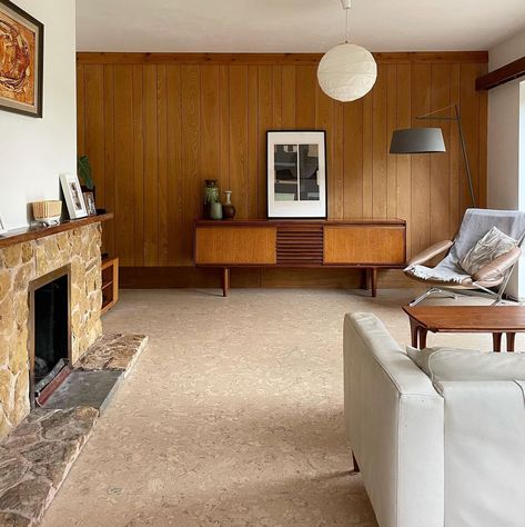 Had to document our lounge looking this tidy, love our new cork flooring. #midcenturymodern #corkflooring #midcenturyhome #woodpanelling… | Instagram Cork Flooring Living Room, 60s Interior Design 1960s Living Rooms, 1960s Interior Design Mid Century, 1960s Flooring, 60s Interior Design, 1960s Interior Design, 1960s Living Room, 1960s Interior, 60s Interior