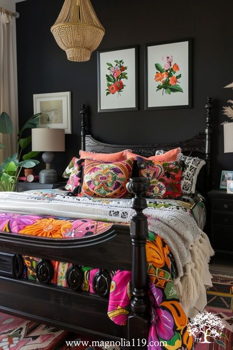 Black Bed Bedroom Decor, Colorful Primary Bedroom, Boho Bedroom Black, Boho Maximalism Bedroom, Modern Mexican Bedroom, Cozy Dark Bedroom Aesthetic, Small Primary Bedroom, Glam Boho Bedroom, Grey Bed Frame Bedroom Ideas