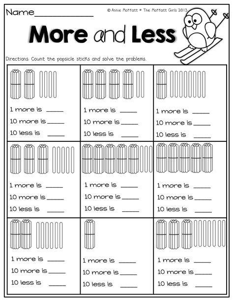 More and Less! (find the total number of popsicle sticks- find 1 more, 10 more and 10 less) 10 More 10 Less 100 More 100 Less, Math Place Value, Winter Math, Math Number Sense, Kindergarten Worksheets Printable, Math Intervention, Math Time, Second Grade Math, Math Stations