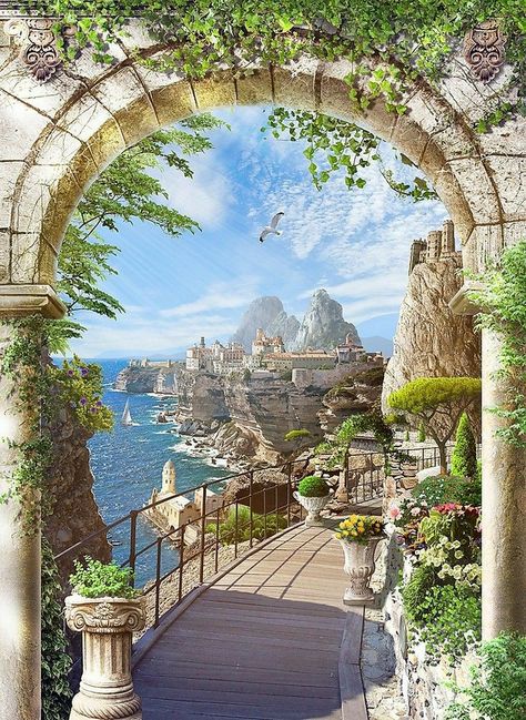 Minecraft Pirate Cove, Summer Court, Dreamscape Architecture, Fantasy Architecture, Castle Garden, Fantasy Homes, Magical Garden, Fantasy City, Fantasy Setting