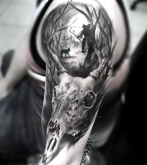 Bow Hunting Tattoos, Manly Design, Deer Hunting Tattoos, Tattoos Arm Mann, Deer Skull Tattoos, Deer Tattoo Designs, Tattoo Homme, Hunter Tattoo, Hunting Tattoos