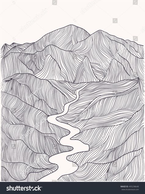 seamless pattern abstract with linear drawing of graphic mountains landscape. Stock vector illustration. Line art #Ad , #sponsored, #linear#drawing#graphic#seamless Linear Art Simple, Landscape Design Sketch, 3d Line Art, Linear Perspective Drawing, Linear Drawings, Compassion Art, Landscape Line Art, Waterfall Drawing, Fineliner Art