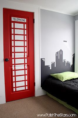 How cute is this? For this boy's superhero room, the closet door was painted to look like a phone booth! Bat signal over Gotham City behind bed :) #decor #bedrooms #home    this is cute but I think the room should stay with one superhero theme, not superman and also batman. Teenage Girl Room Ideas, London Room, Teenage Girl Room, Superhero Bedroom, Boys Closet, Door Wraps, Superhero Room, Telephone Booth, Teenager's Room