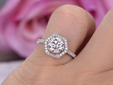 Engagement Rings Hexagon, Engagement Ring Hexagon, Hexagon Halo, Hexagon Engagement Ring, Hexagonal Ring, Round Moissanite Engagement Ring, Wedding And Engagement Rings, Hexagon Diamond, Buying An Engagement Ring