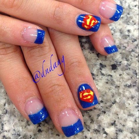 Superman Nail Art Design Step By Step ~ Entertainment News, Photos & Videos - Calgary, Edmonton, Toronto, Canada Superman Nails, Superhero Nails, Acrylic Nail Art, Manicure Y Pedicure, Cute Nail Designs, Fancy Nails, Pretty Acrylic Nails, Creative Nails, Long Acrylic Nails