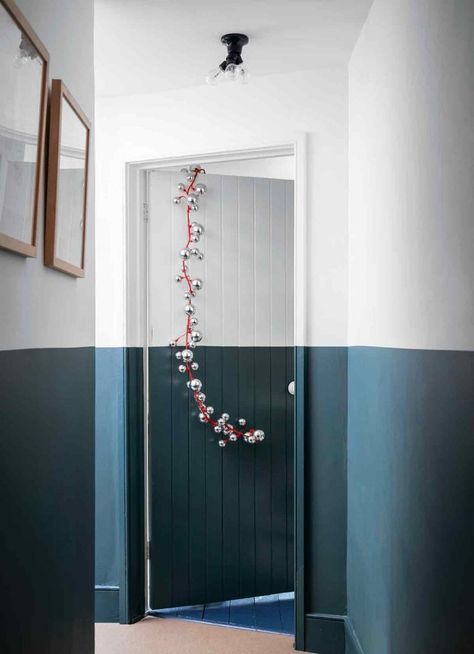 Inchyra Blue and All White. This Converted 1840s Schoolhouse in Somerset Is Now A Family Home Half Painted Walls, Hallway Paint, Inchyra Blue, Hallway Colours, Dark Blue Walls, Navy Blue Walls, Dado Rail, Hallway Designs, Wall Paint Designs