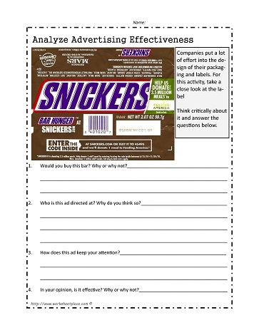 Analyze the Media Ad Advertisement Activities For Students, Advertising Activities For Kids, Teaching Advertising, Media Literacy Activities, Media Literacy Lessons, Business Activities, Literacy Worksheets, Snickers Bar, Media Literacy