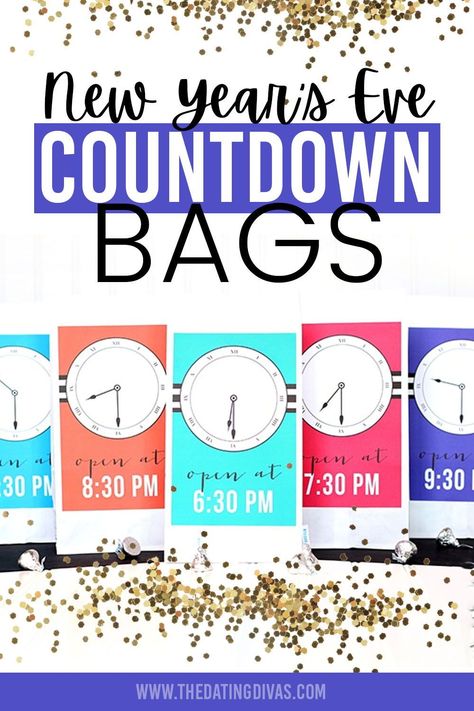 Countdown to midnight on New Year's Eve with fun countdown bags for each hour New Year’s Eve Countdown Bags, Nye Games, Nye Countdown, Countdown For Kids, Countdown Activities, New Year's Eve Countdown, New Year's Games, New Years Countdown, Countdown Clock